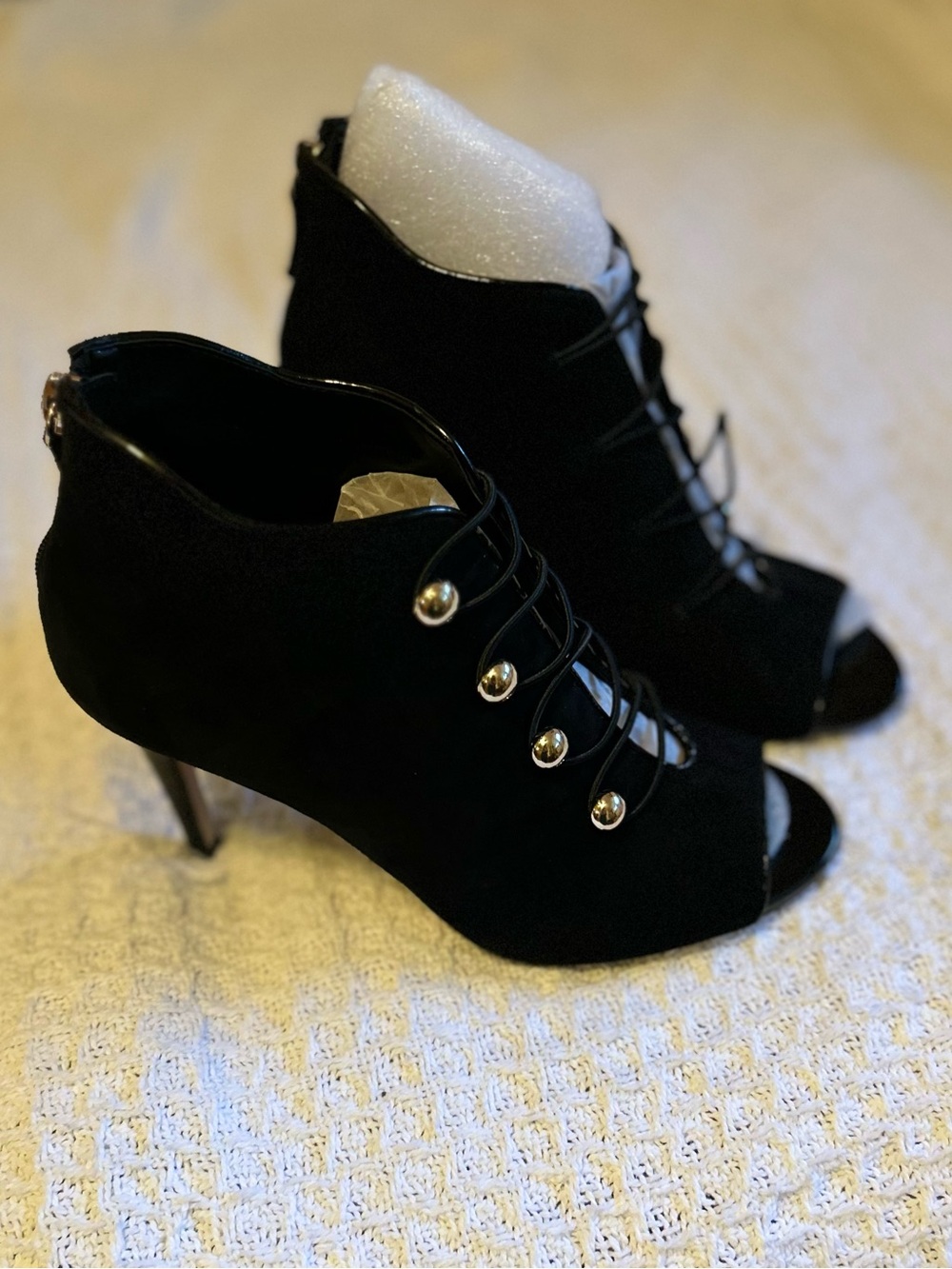 White House Black Market Black Lace-Up Peep‎ Toe Booties with Metallic Eyelets